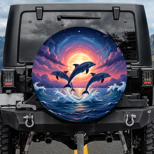 Majestic Dolphins Vibrant Ocean Waves Full Moon Starry Sky - Ocean Lover Gift Spare Tire Cover
