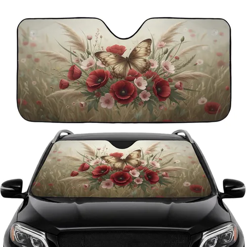 Elegant Butterfly Red Poppy Pink Blossom Wild Grass Pampas - Nature Lover Gift Car Sunshade