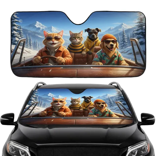 Tabby Cat Golden Retriever Dog Winter Mountain Road Trip - Pet Lover Travel Essentials Car Sunshade