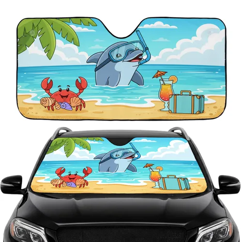 Cheerful Dolphin Snorkel Crab Tropical Beach - Beach Lover Summer Vacation Gift Car Sunshade