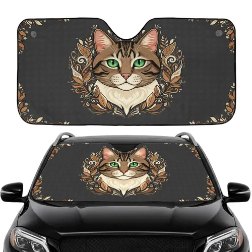 Striped Tabby Cat Emerald Eyes Botanical Paw Prints - Home Decor Gift for Cat Lover Car Sunshade