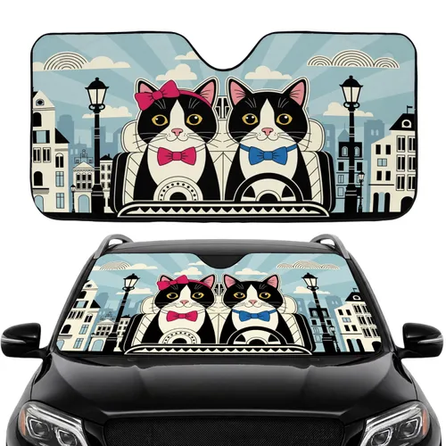 Tuxedo Cats Fuchsia Bow Royal Blue Bow Cityscape - Cat Lover Home Decor Gift Car Sunshade