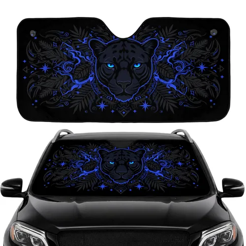 Black Panther Face Glowing Sapphire Eyes Jungle Tribal Markings - Car Interior Gift Car Sunshade