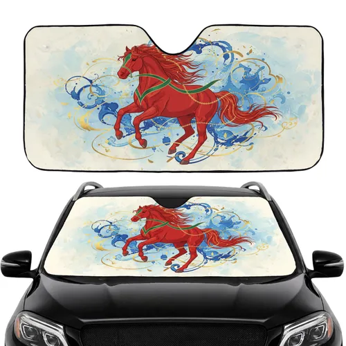 Galloping Red Horse Gold Chain Detail Blue Washes - Equestrian Lifestyle Animal Gift Car Sunshade
