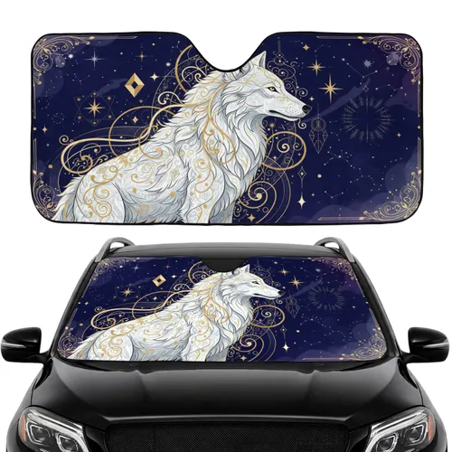 White Wolf Golden Filigree Celestial Ornate Heraldic Emblem - Fantasy Decor Gift Car Sunshade