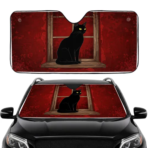 Black Cat Red Distressed Window Frame - Cat Lover Home Decor Gift Car Sunshade
