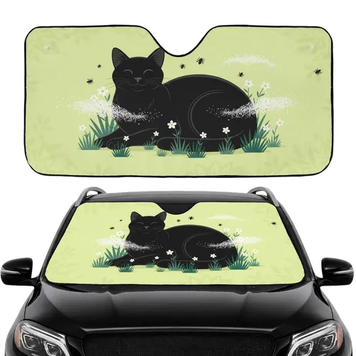 Black Cat White Flowers Lime Green Leaves - Home Decor Gift for Cat Lover Car Sunshade