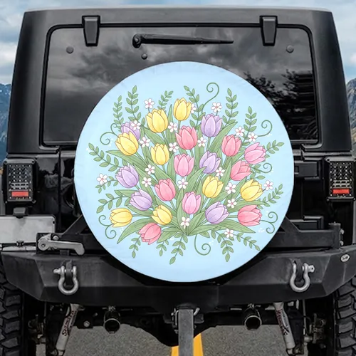 Pink Yellow Purple Spring Tulips White Flowers Greenery - Seasonal Home Decor Gift Spare Tire Cover