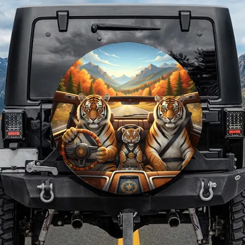 Three Tigers Driving Car Scenic Road - Wildlife Adventure Travel Gift Spare Tire Cover