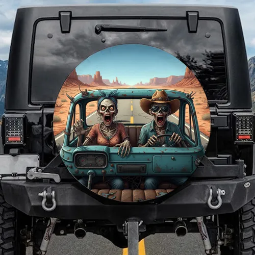 Screaming Zombies Desert Highway Vehicle - Road Trip Decor Horror Fan Gift Spare Tire Cover