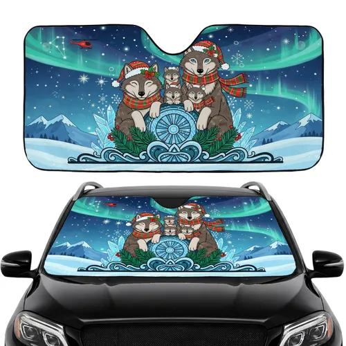 Wolf Family Santa Hats Northern Lights Winter - Holiday Gift for Wildlife Lovers Car Sunshade