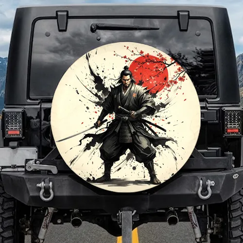 Samurai Warrior Katana Rising Sun Cherry Blossom - Japanese Art Lover Gift Spare Tire Cover