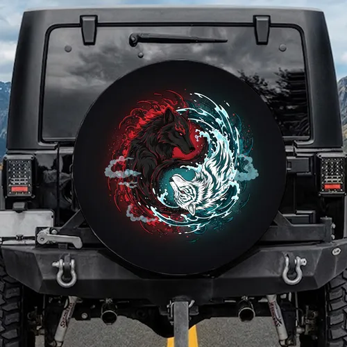 Black Wolf White Tiger Yin Yang Fire Water Cosmic Stardust Ethereal Mist Wildlife Lover Gift Spare Tire Cover