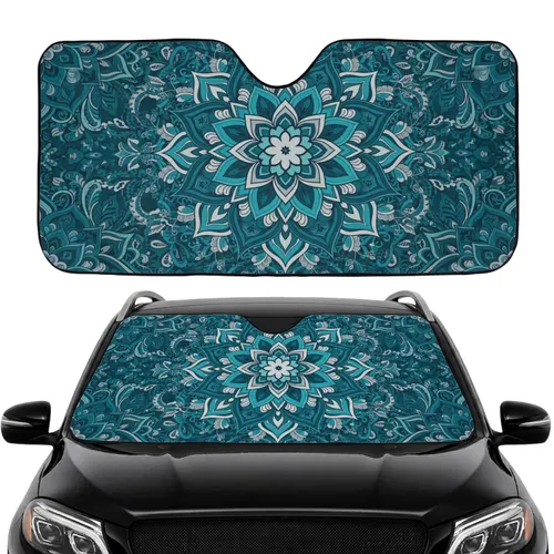Teal Blue Mandala Flower Filigree Leaves - Boho Lifestyle Gift Car Sunshade
