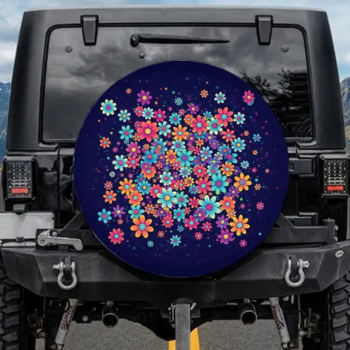 Psychedelic Daisy Flowers Cosmic Glow - Boho Lifestyle Home Decor Gift Spare Tire Cover