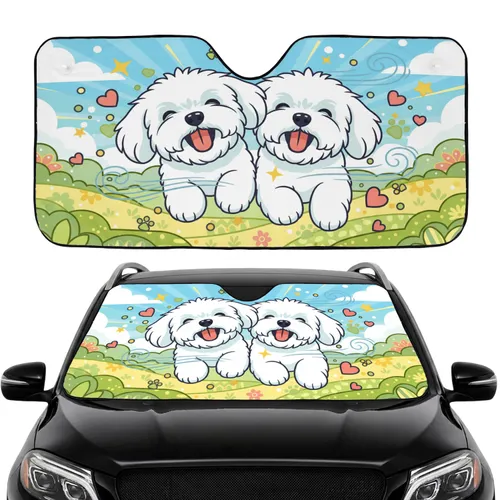 Happy Fluffy White Dogs Smiling Paw Prints Hearts Starbursts Joyful Pet Lover Gift Car Sunshade