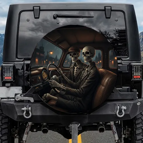 Skeletal Driver Passenger Vintage Car Eerie Night - Gothic Home Decor Gift Spare Tire Cover