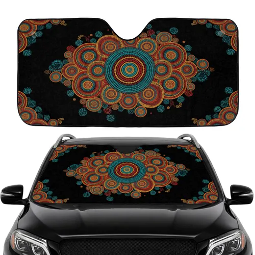 Black Teal Red Orange Yellow Dot Painting Mandala Concentric Circles - Home Decor Gift Car Sunshade