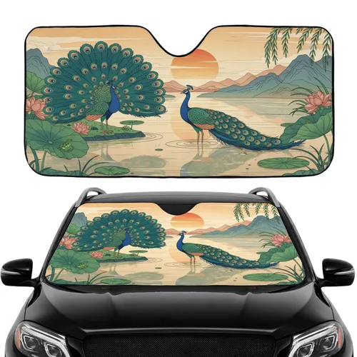 Two Peacocks Lotus Sky Landscape - Wildlife Lover Home Decor Gift Car Sunshade