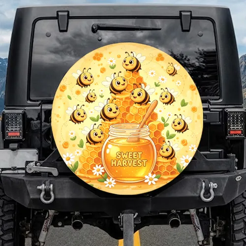 Plump Bees Honey Jar Honeycomb Daisies - Bee Lover Gift Spare Tire Cover