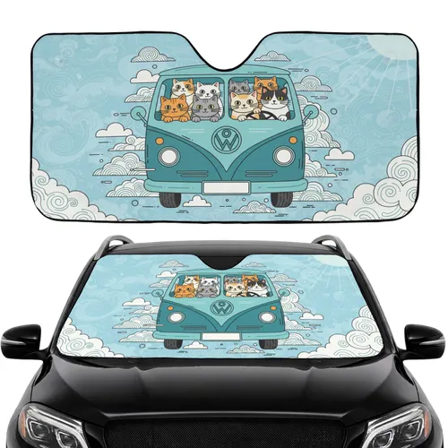 Six Cats Vintage Van Road Trip - Travel Essentials Gift for Cat Lover Car Sunshade