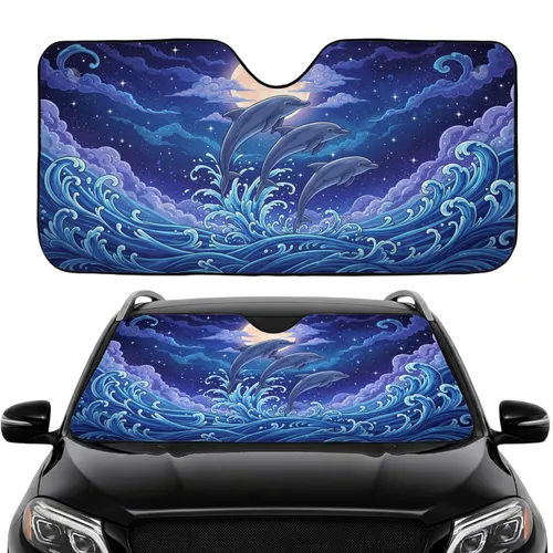 Three Leaping Dolphins Ocean Waves Full Moon Cosmic Night Sky Clouds - Ocean Lover Gift Car Sunshade