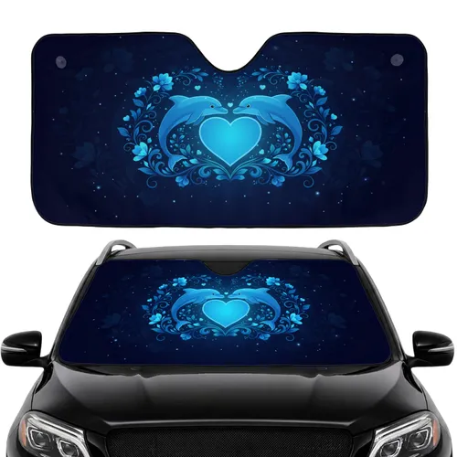 Blue Dolphins Glowing Heart Twinkling Stars Aquatic Floral - Ocean Lover Gift Car Sunshade