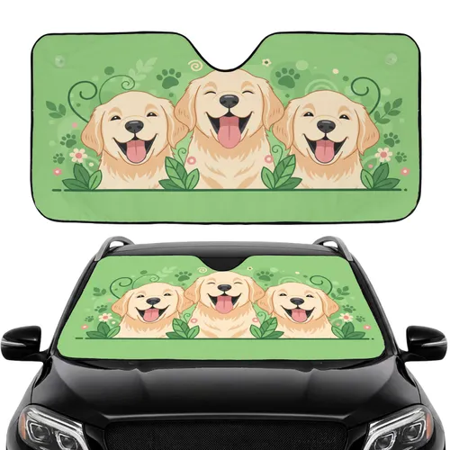 Three Golden Retriever Puppies Floral Paw Prints Organic Shapes Dots - Pet Parent Gift Car Sunshade