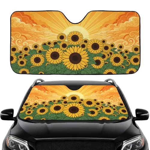 Lush Sunflowers Setting Sun Golden Beams Sunset Sky - Nature Lover Home Decor Gift Car Sunshade