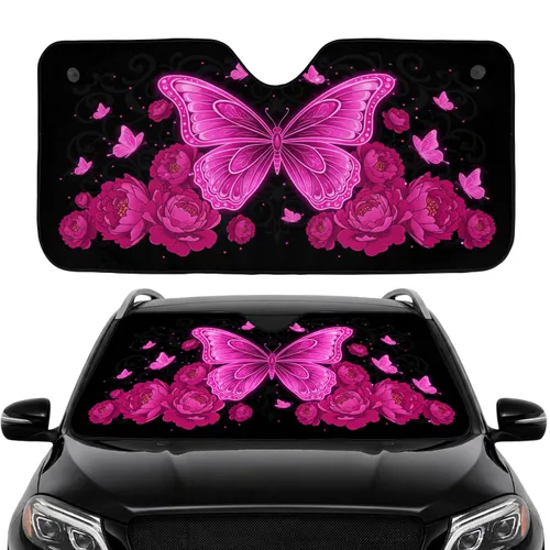 Fuchsia Butterfly Peony Floral Pink Butterflies Swirls Black - Nature Lover Gift Car Sunshade