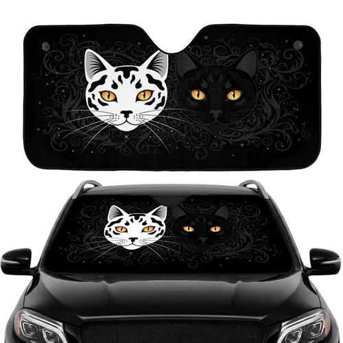Black White Cat Faces Amber Eyes Charcoal Gold Swirl - Home Decor Gift for Cat Lover Car Sunshade