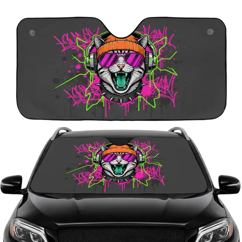 Tabby Cat Sunglasses Beanie Fangs Headphones Neon Graffiti Travel Lover Gift Cat Lover Gift Car Sunshade