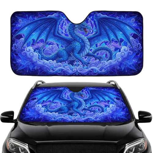 Majestic Blue Dragon Cosmic Starbursts Unfurled Wings - Fantasy Lover Gift Car Sunshade
