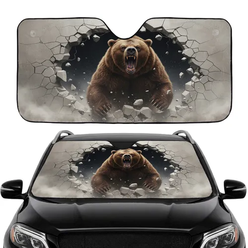 Powerful Grizzly Bear Roaring Concrete Wall Burst - Wildlife Lover Gift Car Sunshade