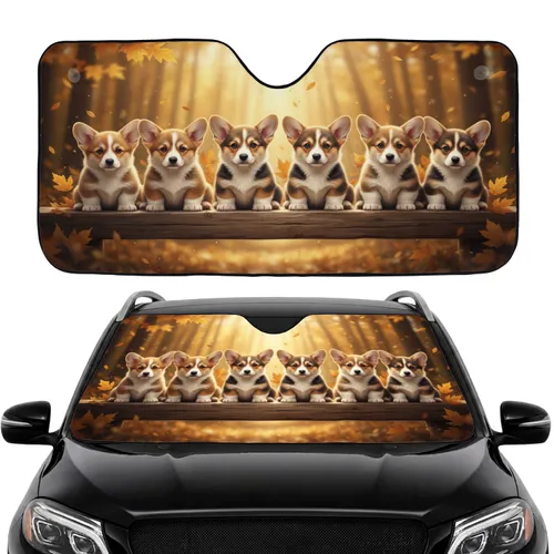 Eight Welsh Corgi Puppies Wooden Beam Golden Autumn - Dog Lover Gift Car Sunshade