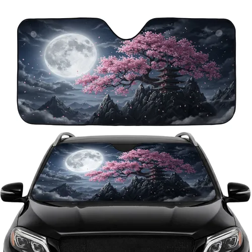 Full Moon Japanese Pagoda Cherry Blossom Mountain - Mystical Decor Fantasy Lover Gift Car Sunshade