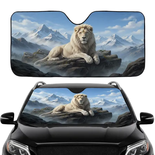 Majestic White Lion Resting on Rugged Dark Rocky Mountain Peaks - Wildlife Lover Gift Car Sunshade