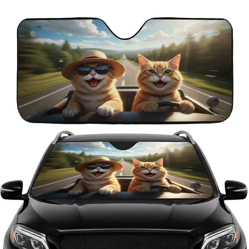 Ginger Tabby Cats Driving Road Trip - Cat Lover Travel Essentials Car Sunshade