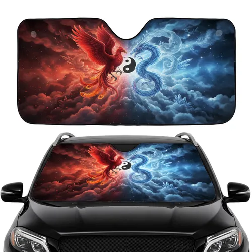 Red Phoenix Icy Dragon Yin-Yang Cosmic Balance - Mythical Creature Gift Car Sunshade