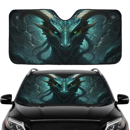 Ancient Dragon Face Glowing Teal Green Eyes Bone Horns - Fantasy Lover Car Decor Gift Car Sunshade