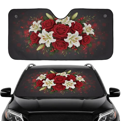 Red Roses White Lilies Bouquet with Green Foliage & Berries - Flower Lover Home Decor Gift Car Sunshade