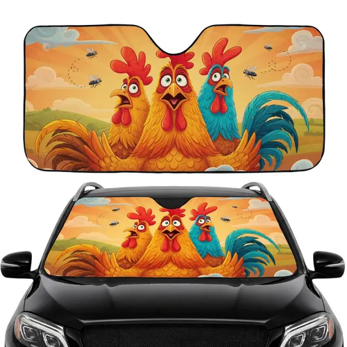 Startled Cartoon Roosters Hens Farm Landscape - Chicken Lover Home Decor Gift Car Sunshade