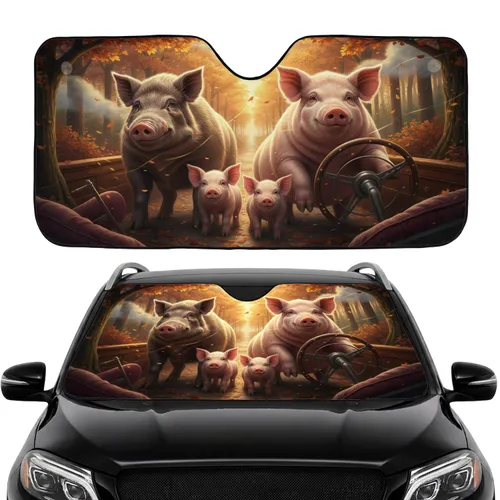 Pigs on a Steering Wheel Autumn Forest Road with Falling Leaves - Wildlife Lover Gift Car Sunshade