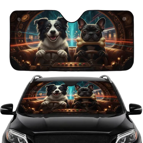 Comical Dog Duo Steering Wheel Urban Night - Pet Lover Gift Car Sunshade