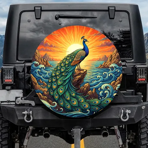 Majestic Peacock Perched on Rock, Sunset Ocean Waves - Wildlife Lover Decor Gift Spare Tire Cover