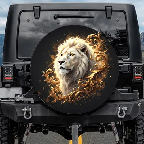Majestic White Lion Golden Baroque Fantasy - Wildlife Lover Gift Spare Tire Cover