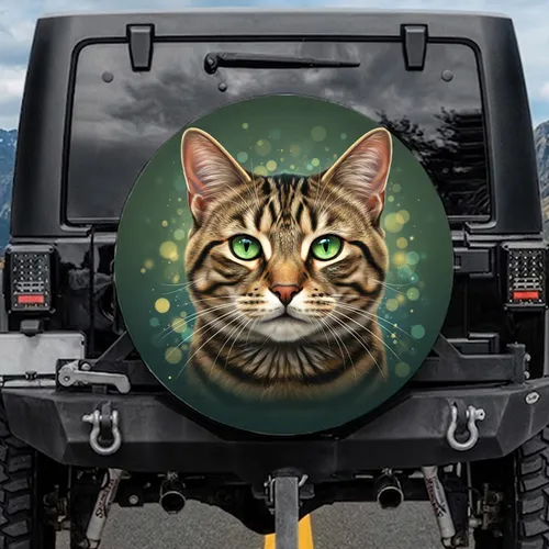 Majestic Hyper-Realistic Tabby Cat Emerald Eyes Direct Gaze - Cat Lover Gift Spare Tire Cover