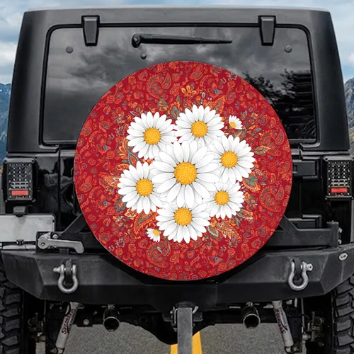 Prominent White Daisy Yellow Center Flower Paisley Red Floral Leaf Home Decor Gift Spare Tire Cover