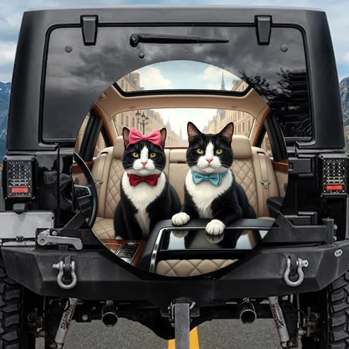 Tuxedo Cats Luxury Cabin European City - Luxury Travel Gift for Cat Owners Spare Tire Cover