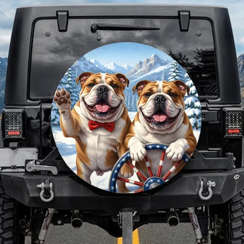 English Bulldogs Patriotic Winter Scene - Winter Holiday Gift for Dog Lovers Spare Tire Cover